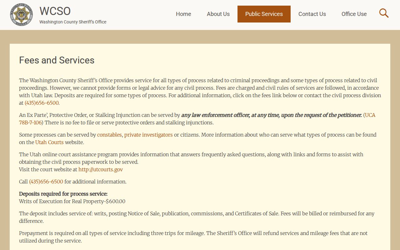 Washington County bench warrant records: WCSO published GRAMA and service fee information