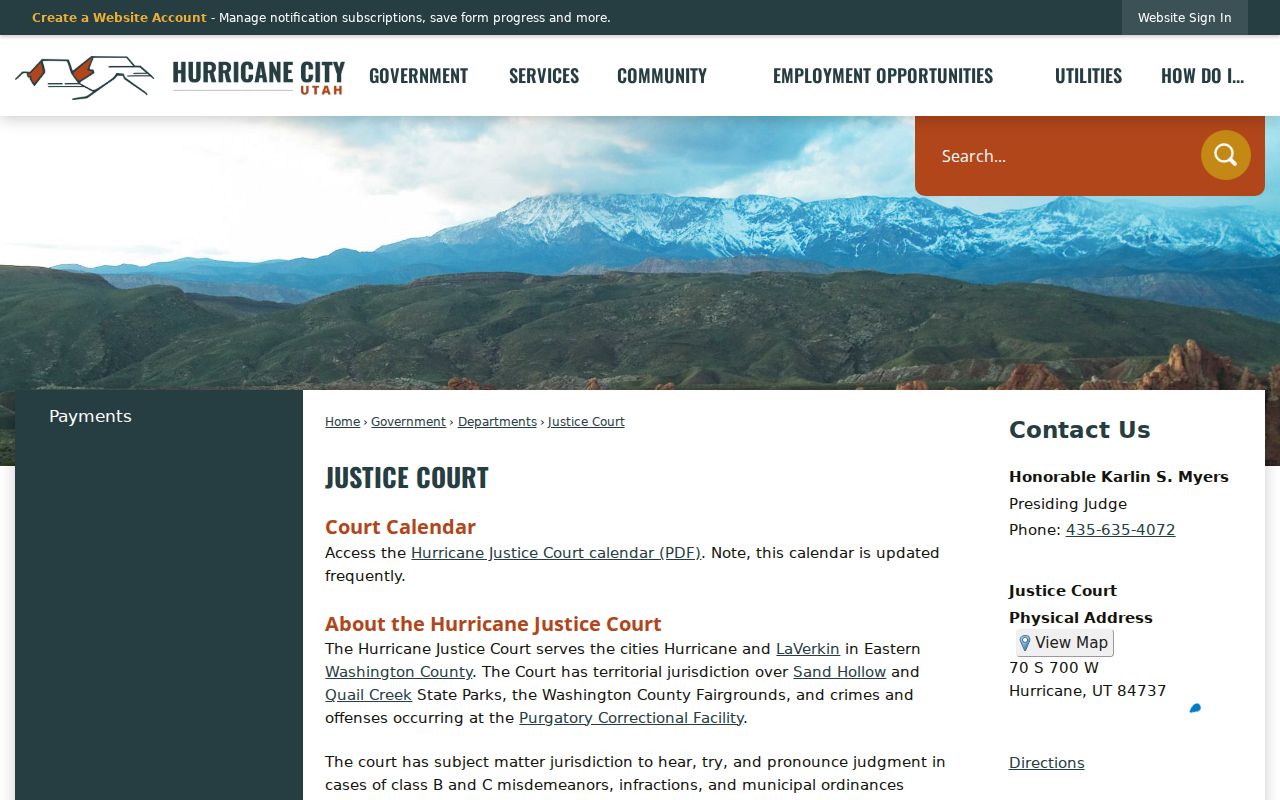 Washington County traffic warrant records: Hurricane Justice Court contact page