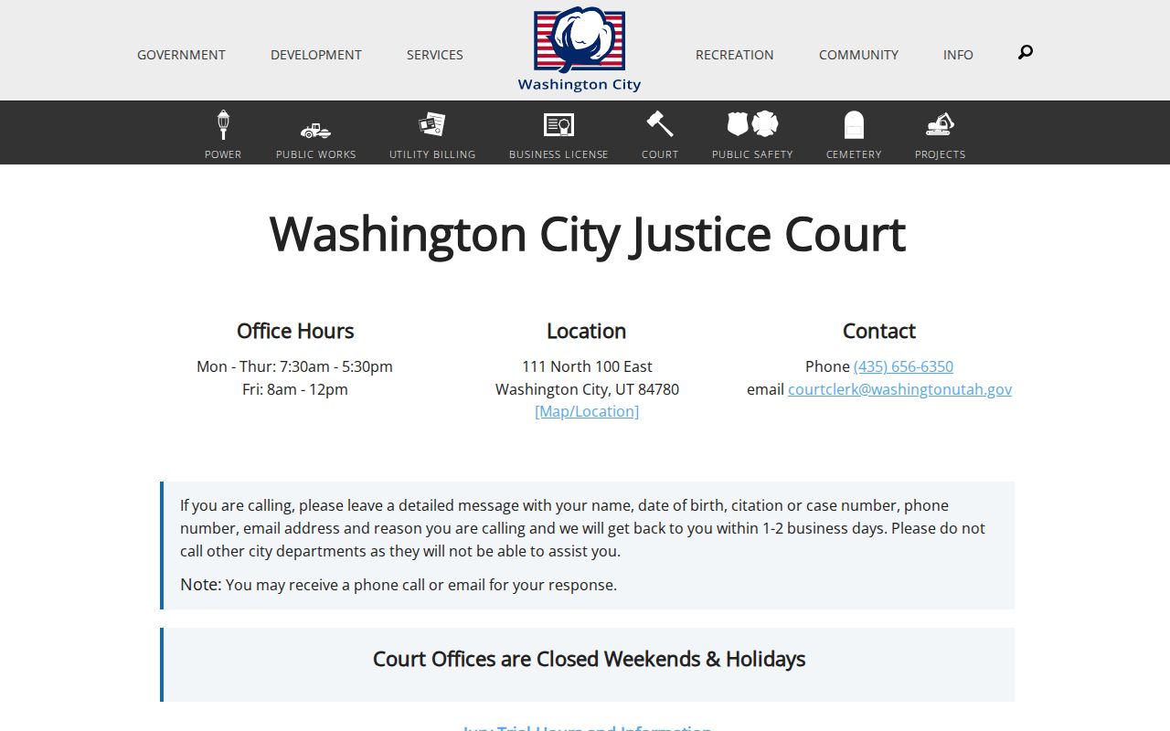 Washington County traffic warrant records: Washington City Justice Court contact and payment page
