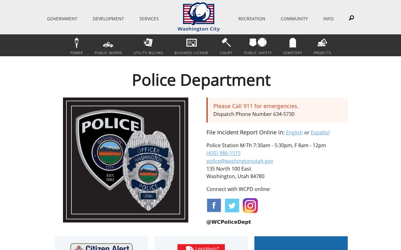 Washington City warrant records: official city police contact page