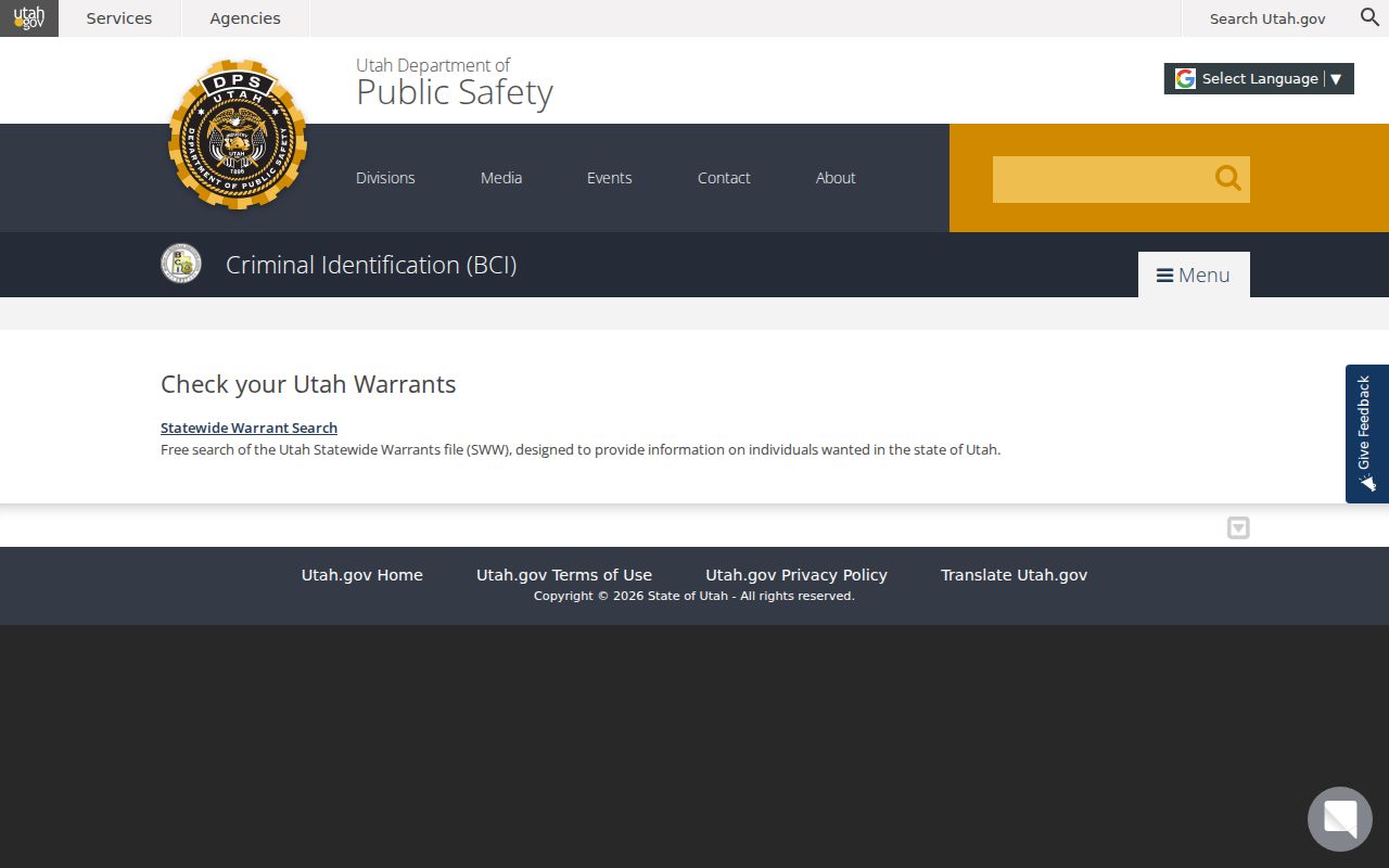 Washington County warrant search: Utah BCI statewide warrant landing page