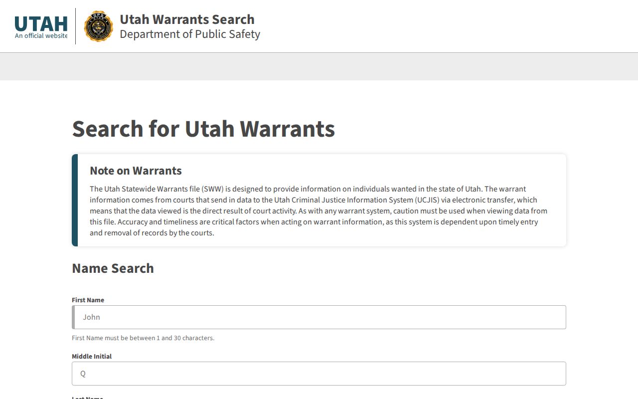Washington County warrant lookup: public Utah Statewide Warrants search interface