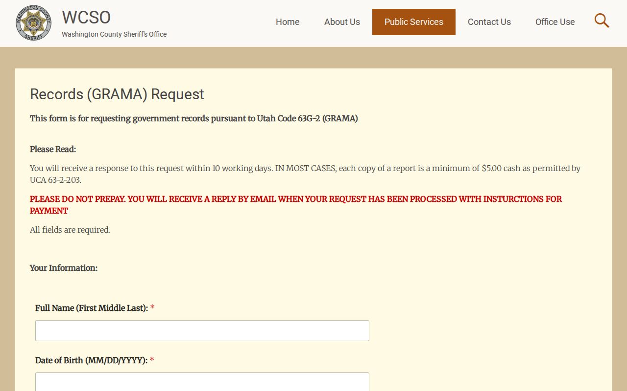 Washington County warrant records: WCSO GRAMA request form heading and required fields
